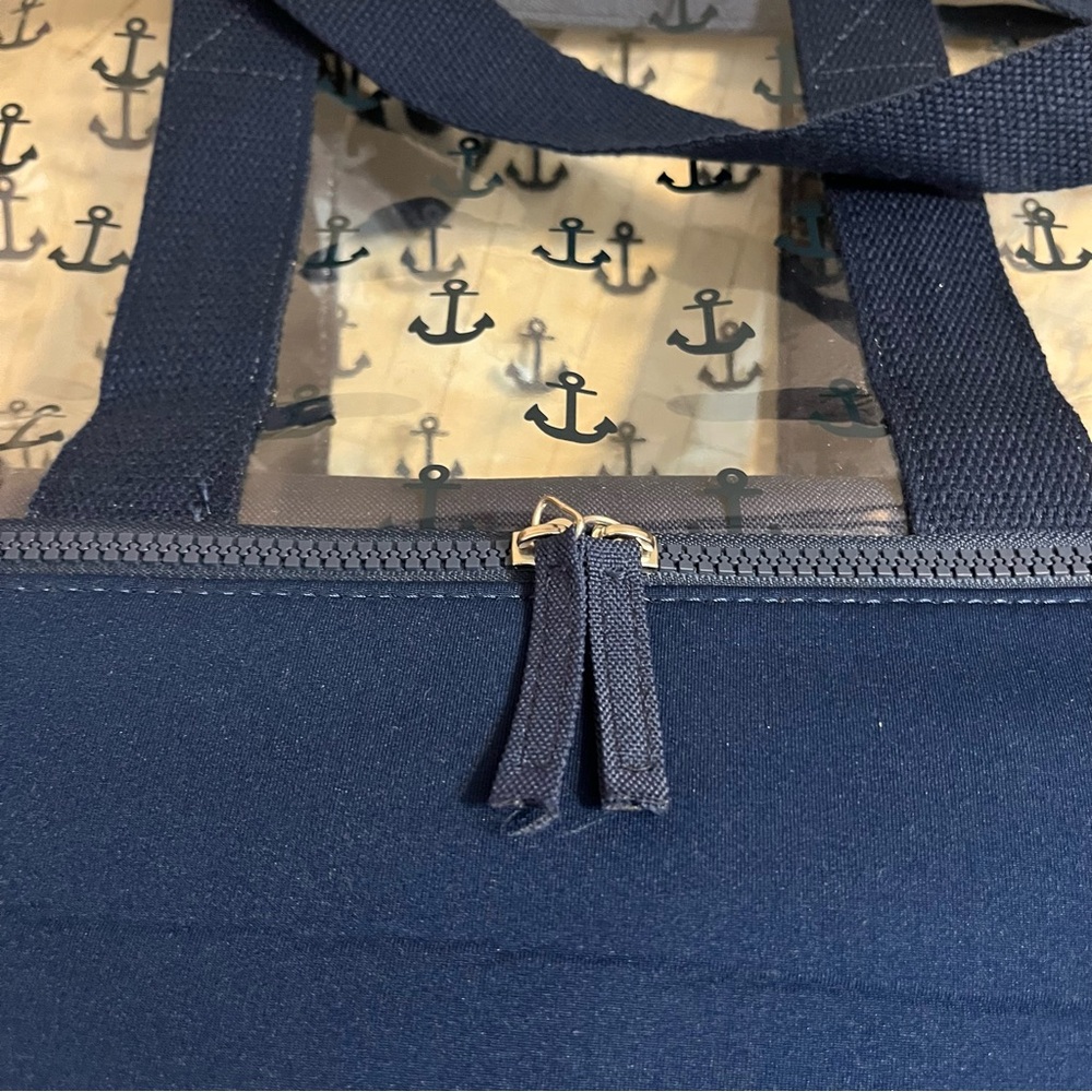 Navy Blue Anchor Print Transparent & Insulated Beach Nautical Tote Bag - Picture 11 of 14
